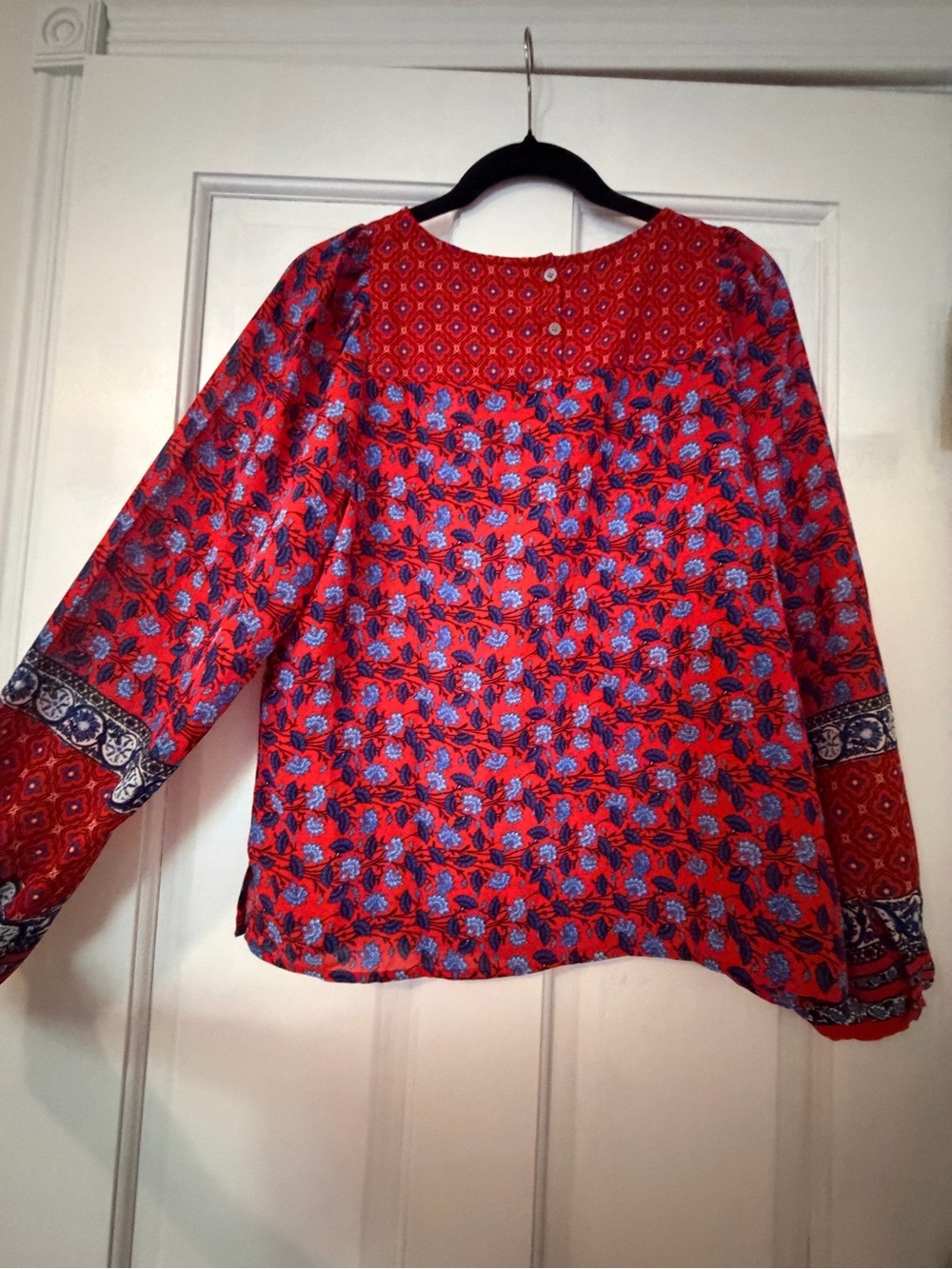 LOFT Red Floral Boho Long-Sleeve Blouse with Blue Accents - Picture 3 of 3